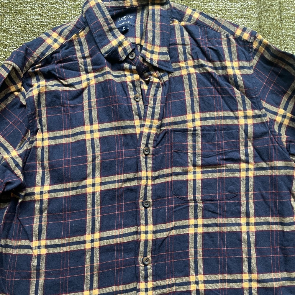 J. Crew Men's Navy and Yellow Flannel Shirt